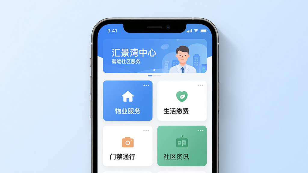 汇景湾中心APP整体界面展示图,主体为一部智能手机居中放置,屏幕内呈现智慧社区服务首页,包含物业服务、生活缴费、门禁通行、社区资讯四个主要功能卡片,布局采用上下结构,上方为欢迎横幅下方为功能网格,排版整齐清晰,风格为现代简约扁平化设计,细节上手机边缘有柔和阴影,背景为浅蓝色渐变,画质高清干净无多余元素