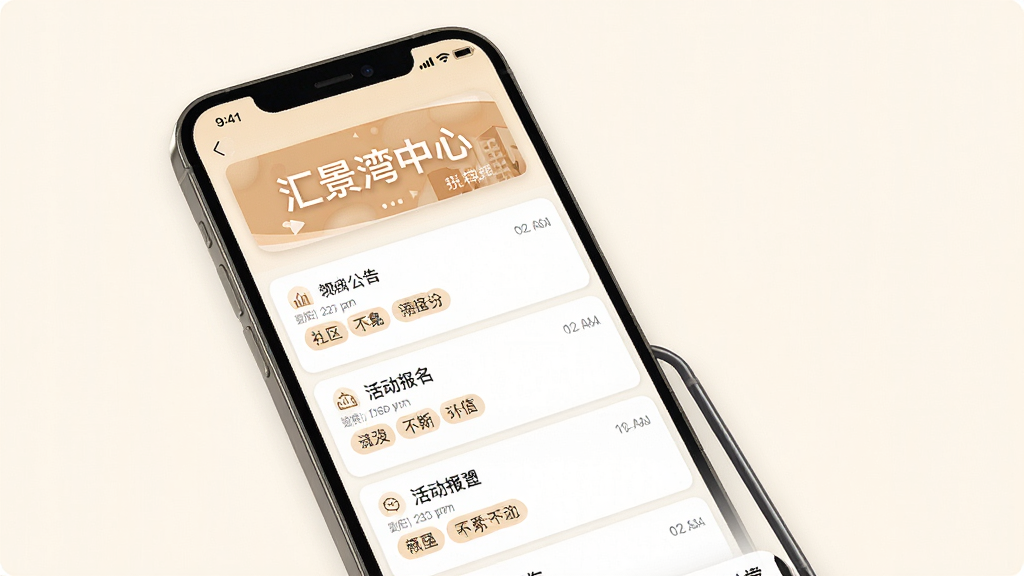 汇景湾中心APP社区资讯推送界面图,主体为手机屏幕正面展示,屏幕内呈现社区公告列表和活动报名入口,布局为顶部横幅加下方信息流,排版层次分明,风格为温暖浅色调设计,细节上每条公告带有时间戳和标签,背景为米白色,画质高清干净无多余元素