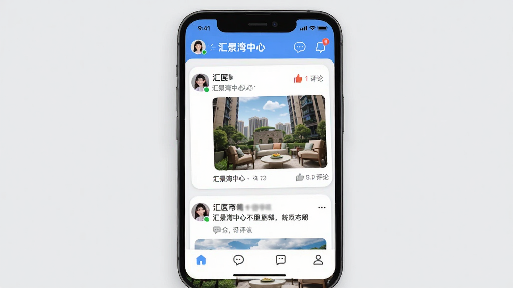 汇景湾中心APP邻里互动界面图,主体为手机屏幕展示社区圈子动态,屏幕内呈现用户发布的图文帖子和评论互动区域,布局为信息流加底部导航栏,排版活泼有序,风格为社交应用常见圆角卡片设计,细节上带有头像、点赞和评论图标,背景为浅灰色,画质高清干净无多余元素