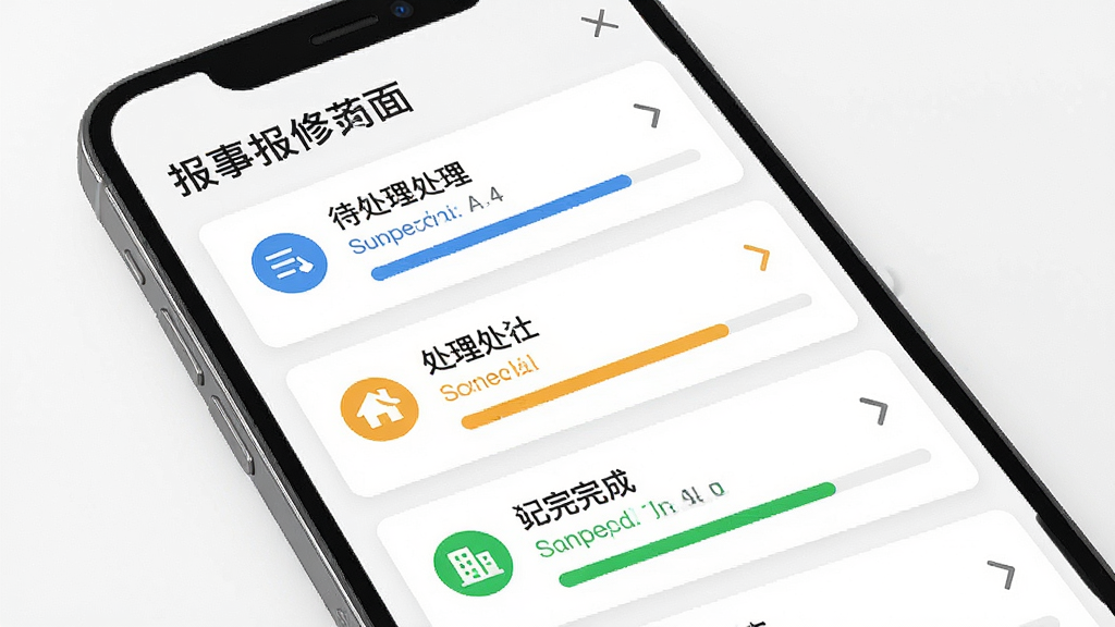汇景湾中心APP物业服务功能界面图,主体为手机屏幕特写,屏幕内展示报事报修工单列表,包含待处理、处理中、已完成三种状态标签,布局为纵向列表结构,排版左对齐,风格为清爽卡片式设计,细节上每个工单卡片带有图标和进度条,背景为白色,画质高清干净无多余元素