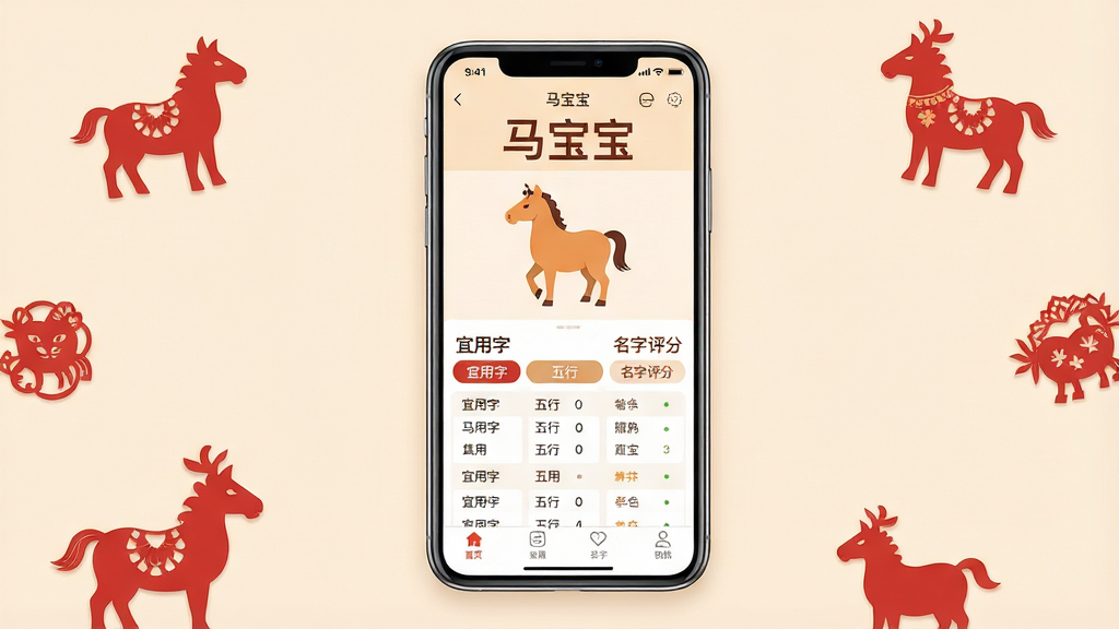 一张手机应用界面展示图,画面中央是“马宝宝”软件的主页面。主体:一部竖屏手机,屏幕显示马宝宝APP首页,上方有“马宝宝”三个字,下方是生肖马图案和宜用字列表。布局:手机居中,背景是柔和的浅米色,周围点缀少量生肖马剪纸元素。排版:文字清晰,按钮明显。风格:清新简洁的扁平化UI风格,暖色调。细节:屏幕内可以看到“宜用字”“五行”“名字评分”等标签,底部有导航栏。画质:高清,干净,无多余元素。