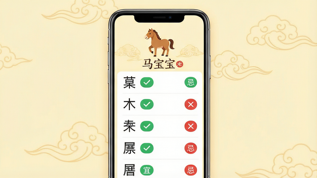 一张手机软件功能展示图,画面展示“马宝宝”的生肖宜忌匹配界面。主体:手机屏幕显示汉字列表,每个字旁边有绿色对勾或红色叉号图标,上方有生肖马图案。布局:手机居中,背景浅黄色,周围有淡淡的云纹装饰。排版:列表整齐,图标醒目。风格:传统中式配色搭配现代UI,温暖亲切。细节:可以看到“艹”“木”“宀”等偏旁标注,以及“宜”“忌”标签。画质:高清,干净,无多余元素。