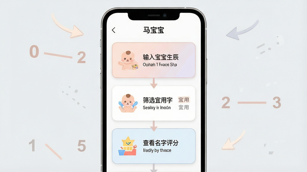 一张手机应用操作引导图,画面展示“马宝宝”的新手引导页面。主体:手机屏幕显示分步引导卡片,第一步是“输入宝宝生辰”,第二步是“筛选宜用字”,第三步是“查看名字评分”。布局:手机居中,背景浅灰色,周围有简单的箭头和数字标识。排版:卡片式设计,步骤清晰。风格:扁平化插画风格,柔和色调。细节:每个步骤配有小图标,文字简洁。画质:高清,干净,无多余元素。