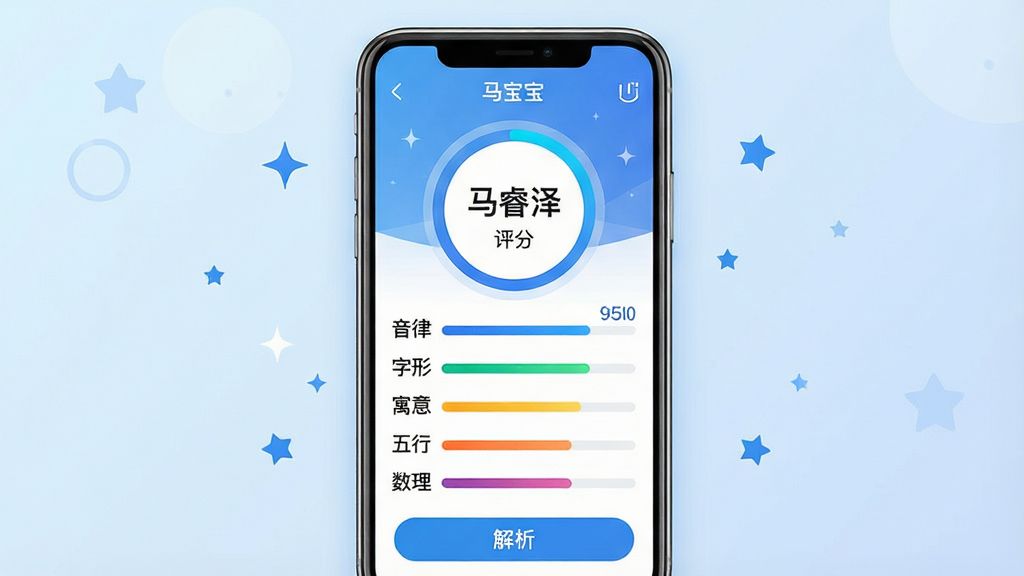 一张手机软件功能展示图,画面展示“马宝宝”的名字评分页面。主体:手机屏幕显示一个名字“马睿泽”,下方有评分圆环和各项指标进度条,包括音律、字形、寓意、五行、数理。布局:手机居中,背景淡蓝色渐变,周围有星星点缀。排版:评分圆环在顶部,指标条在下方,层次分明。风格:现代简约科技感,蓝色主调。细节:评分数字清晰,进度条颜色区分明显,底部有“解析”按钮。画质:高清,干净,无多余元素。