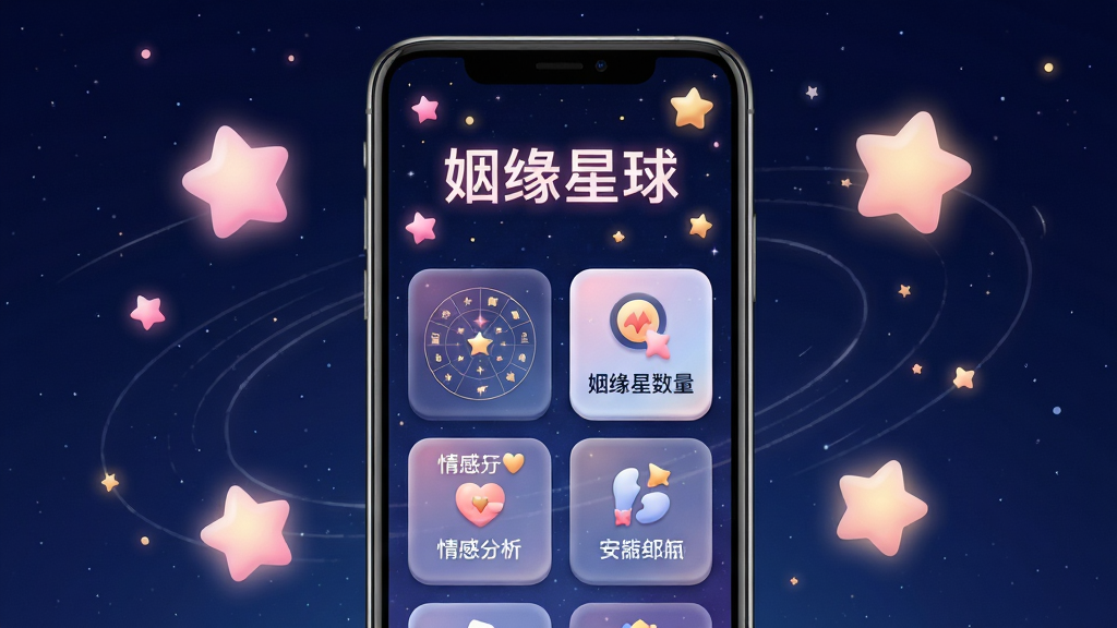 画面中央一部智能手机竖屏展示姻缘星球应用主界面,界面以深蓝星空为背景,点缀粉色和金色的星辰元素,屏幕上方有“姻缘星球”四个发光文字,下方排列着姻缘星盘、姻缘星数量、情感分析等功能卡片图标,手机周围漂浮着几颗大小不一的发光星星和淡淡的星轨线条,整体布局居中对称,风格为唯美星空科技风,细节上星星有柔和光晕、界面卡片有轻微立体感,画质1080P高清,画面干净无多余元素。