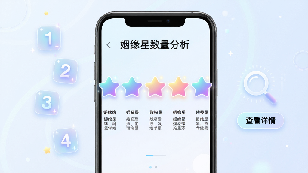 画面中央一部手机屏幕显示姻缘星球的数量分析页面,屏幕上方有“姻缘星数量分析”标题,中间横向排列五颗发光星星,每颗星星下方对应一行简短文字说明,手机左侧漂浮着数字“1”“2”“3”“4”的发光图标,右侧有一个放大镜图标和“查看详情”按钮,整体布局为手机居中、元素环绕,风格为清新浅色科技风,细节上星星有渐变光效、文字排版整齐,画质高清,画面干净无杂乱元素。
