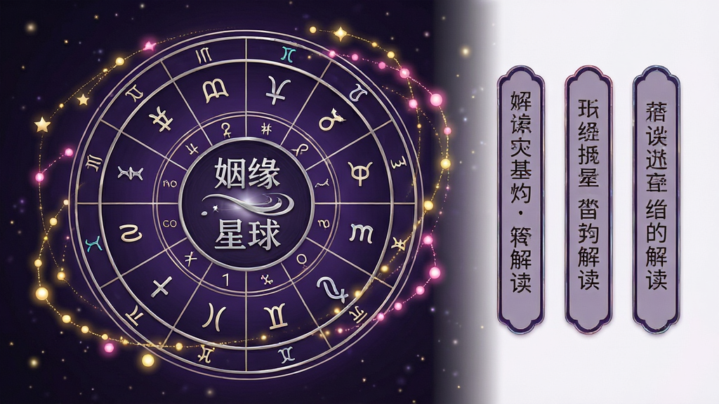 画面中央展示一张精致的圆形姻缘星盘图,星盘以深紫色为底,盘面分为十二个扇形区域,每个区域标注着不同的星宿名称和符号,星盘中心有“姻缘星球”四个银色文字,星盘外围环绕着金色和粉色的光点连线,模拟星辰轨迹,星盘右侧竖排显示三条解读文字框,整体布局为左图右文,风格为古典命理与现代科技结合,细节上星盘线条细腻有光泽、文字清晰可辨,画质高清,画面干净整洁。