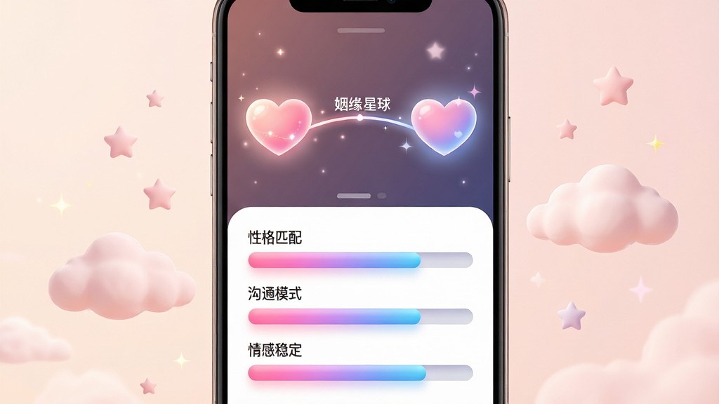 画面中央展示姻缘星球的情感走势参考界面,屏幕分为上下两部分,上半部分是两颗心形图标由一条发光线条连接,线条中间有“姻缘星球”小字,下半部分是三条横向进度条分别标注“性格匹配”“沟通模式”“情感稳定”,进度条颜色为粉蓝渐变,手机旁边漂浮着几朵淡粉色云朵和星星,整体布局为手机竖屏居中,风格为温馨浪漫科技风,细节上心形图标有柔光效果、进度条有立体感,画质高清,画面干净。