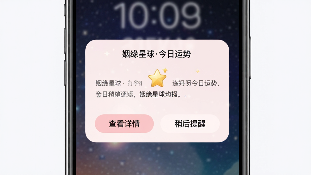 画面中央一部手机锁屏界面弹出姻缘星球的每日运势通知卡片,卡片以淡粉色为底,上方有“姻缘星球今日运势”小字,中间是一段简短文字和一颗金色星星图标,卡片下方有两个按钮“查看详情”和“稍后提醒”,手机背景是模糊的星空壁纸,整体布局为手机居中、卡片突出,风格为清新柔和通知卡片风,细节上卡片有圆角和轻微阴影、文字清晰,画质高清,画面干净无多余元素。