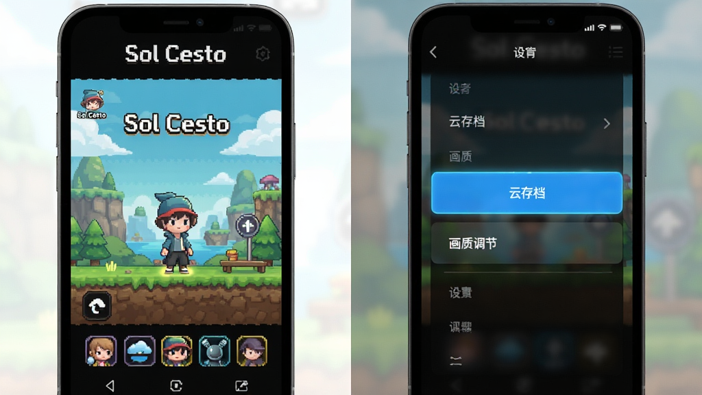 画面展示一部智能手机屏幕中运行Sol Cesto游戏画面,主体为游戏主界面与设置菜单并排展示,布局采用左右对比形式,排版上顶部标注