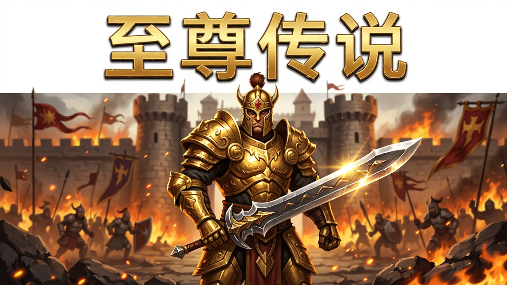 画面主体为一位身穿金色铠甲的传奇战士手持屠龙宝刀站在沙巴克城门前,背景是燃烧的攻城战场和飘扬的战旗,布局采用中心构图突出人物形象,排版上方留白处用金色大字写着“至尊传说”,风格为经典传奇游戏宣传海报风格,细节包括铠甲纹理、武器光泽、地面碎石与火焰粒子效果,画质高清、干净、无多余元素