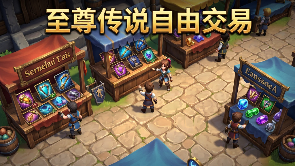 画面主体为游戏内交易市场场景,多个摊位整齐排列,摊位上摆放着各种发光装备和材料,玩家角色穿梭其间,布局采用俯视视角展现市场全貌,排版上方用金色字体标注“至尊传说自由交易”,风格为明亮鲜艳的奇幻游戏场景图,细节包括摊位招牌、装备图标、地面砖石纹理、玩家互动动作,画质高清、干净、无多余元素