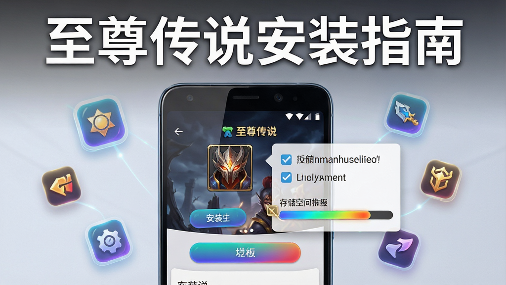 画面主体为一部安卓手机屏幕显示至尊传说游戏安装界面,旁边有勾选权限的提示框和存储空间进度条,布局采用手机正面展示配合周围漂浮的图标元素,排版上方用白色字体写着“至尊传说安装指南”,风格为简洁明快的科技风信息图,细节包括手机边框光泽、界面按钮、进度条色彩渐变,画质高清、干净、无多余元素
