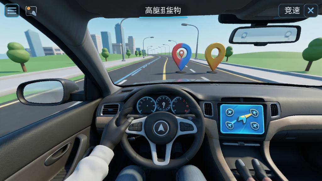 城市高速自由驾驶 任务选择界面 地图标记 送货任务 竞速任务 图标清晰 现代UI风格 3D场景 干净 无多余元素