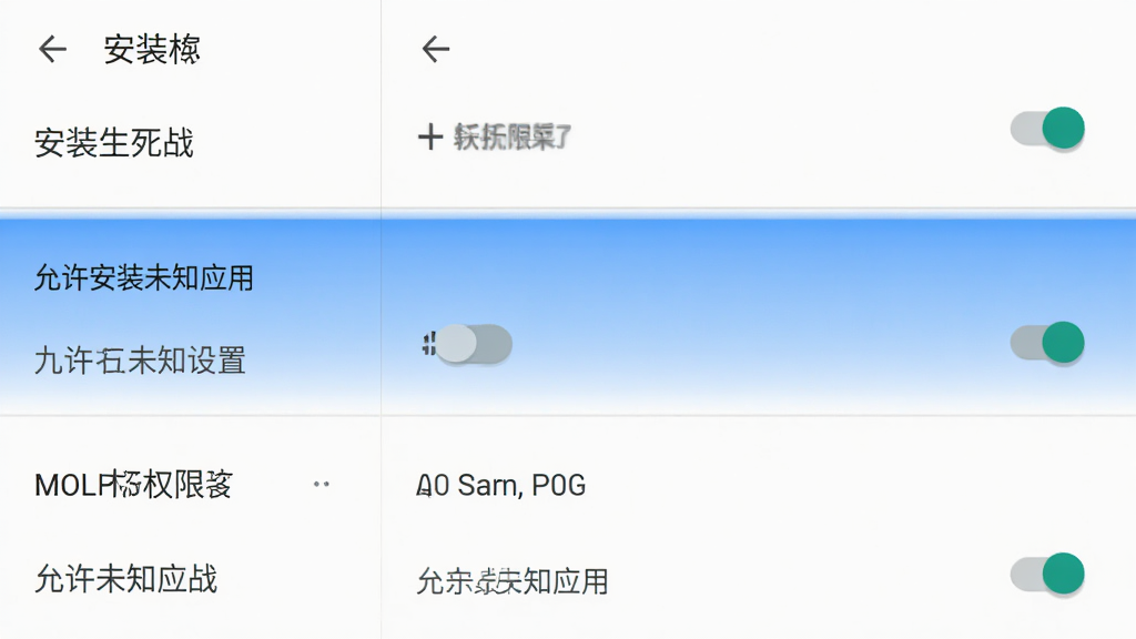 九格生死战(MOD菜单)手机端安装权限设置界面,主体为安卓系统设置菜单,布局为列表形式,排版展示权限开关,风格为简洁扁平化UI,细节包括“允许安装未知应用”高亮显示,画质清晰,画面干净无多余元素