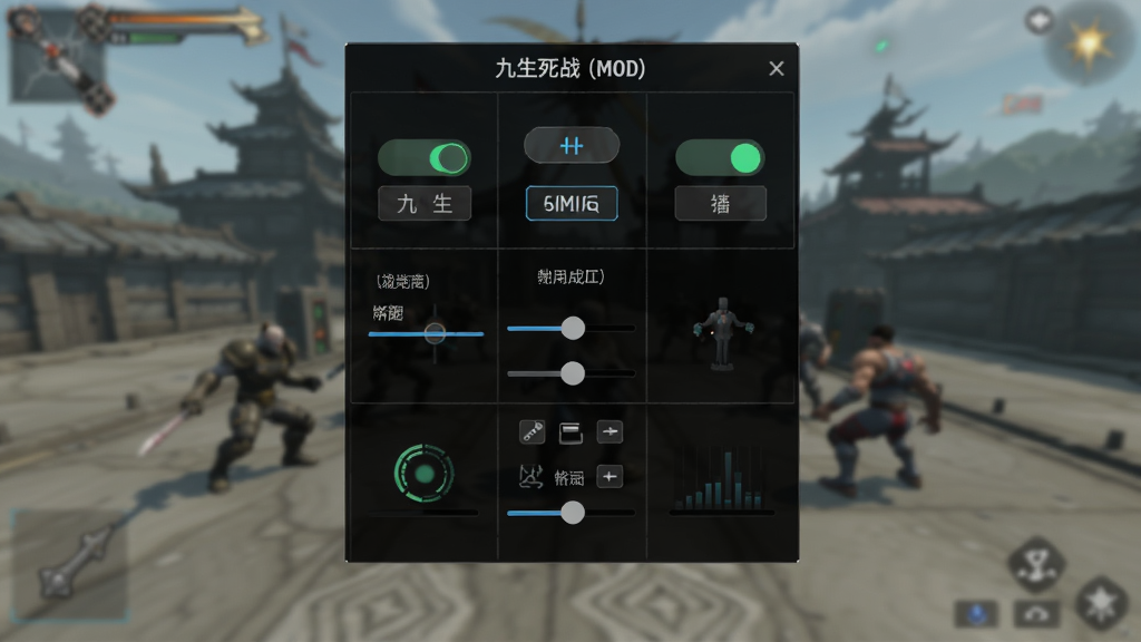 九格生死战(MOD菜单)功能菜单悬浮窗界面,主体为半透明黑色菜单面板,布局居中悬浮于游戏画面上方,排版为垂直列表形式,风格为极简科技风,细节包括多个开关按钮、滑块调节条,画质干净无杂乱元素