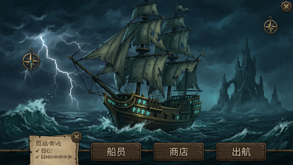 厄运与命运 高级版游戏主界面截图,画面中央是一艘在暴风雨中航行的古老帆船,船身带有发光的神秘符文,背景左侧是阴云密布的天空与闪电,右侧是若隐若现的幽灵岛轮廓,底部排列着日志、船员、商店、出航四个木质按钮,整体风格为暗黑航海手绘风,色调以深蓝、墨绿与暗金为主,细节包含海浪飞沫、罗盘指针、破损船帆,画质高清,干净,无多余元素
