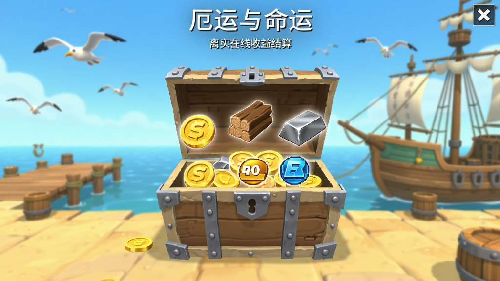 厄运与命运 高级版离线收益结算界面截图,画面中央是一个木质宝箱打开后弹出金币、木材、铁锭与经验值图标,背景是港口码头与停泊的船只,天空中有海鸥飞过,风格为清新明亮的海港日常,色调以天蓝、沙黄与浅绿为主,画质高清,干净,无多余元素