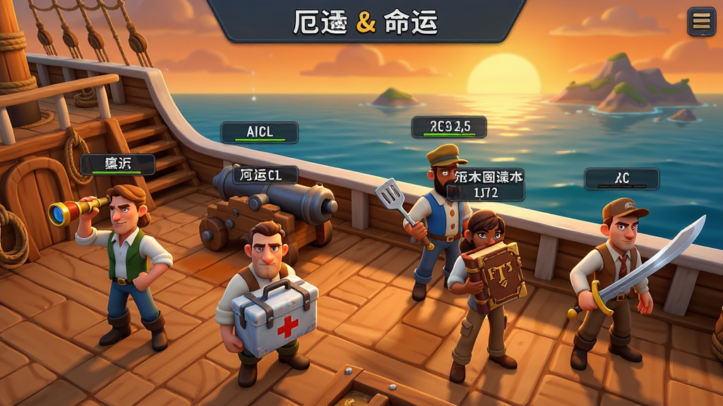 厄运与命运 高级版船员管理界面展示图,画面中是一艘船的甲板俯视图,甲板上站着六名不同职业的船员,分别手持望远镜、火炮、医疗箱、锅铲、古籍与长剑,每个人物头顶有名字与等级标签,背景是夕阳下的海面与远处岛屿,风格为卡通写实混合,色调以暖橙、海蓝与木棕为主,画质高清,干净,无多余元素
