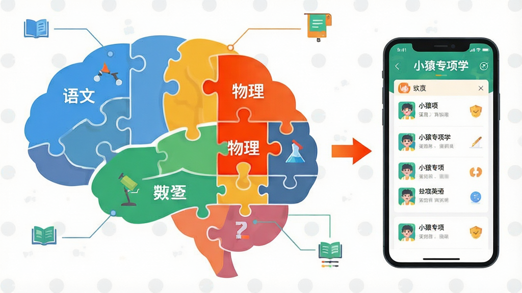 一张信息图表风格的教育类插图,画面主体是一个由多个彩色拼图块组成的大脑轮廓,每个拼图块上标注