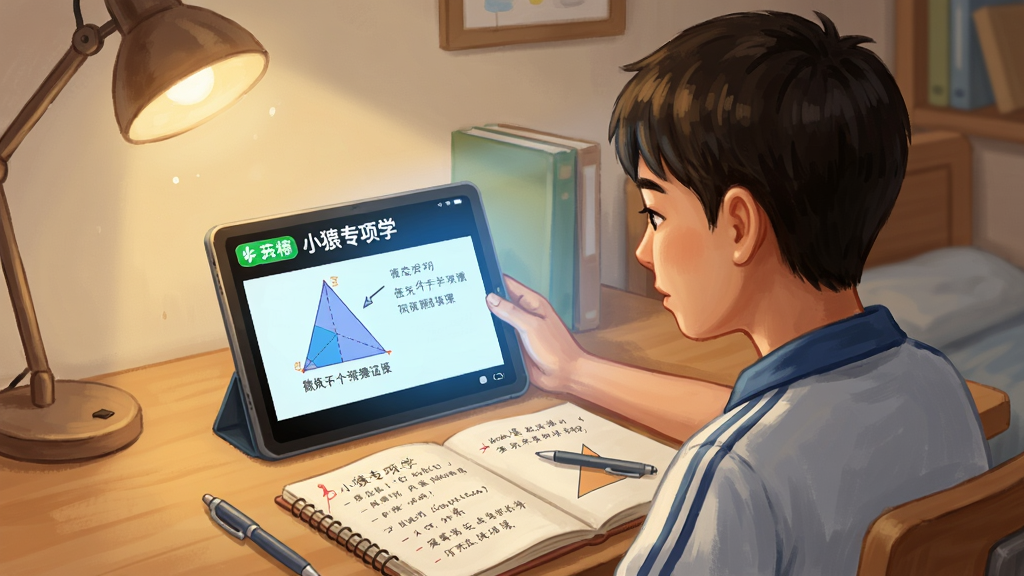 一张在线学习场景插图,画面主体是一位中学生坐在书桌前用平板电脑观看