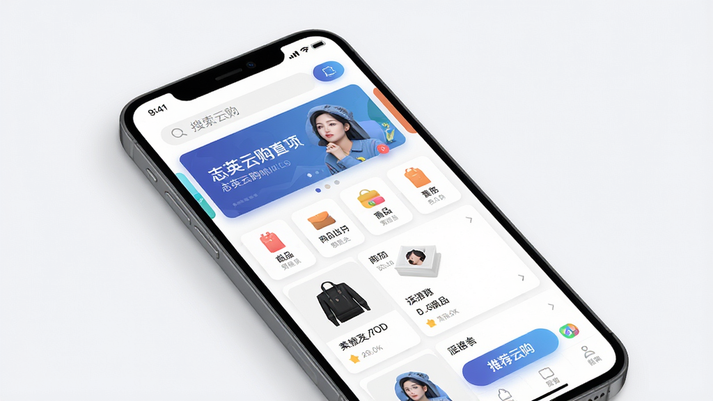 一张展示志英云购移动端首页界面的预览图,主体为一部智能手机,屏幕中显示志英云购应用的首页布局,包含顶部搜索栏、中部轮播横幅、下方商品分类图标与推荐商品列表,布局清晰,排版整洁,风格为现代扁平化科技风,细节包含柔和阴影与渐变按钮,画质为高清2K,画面干净,无多余元素