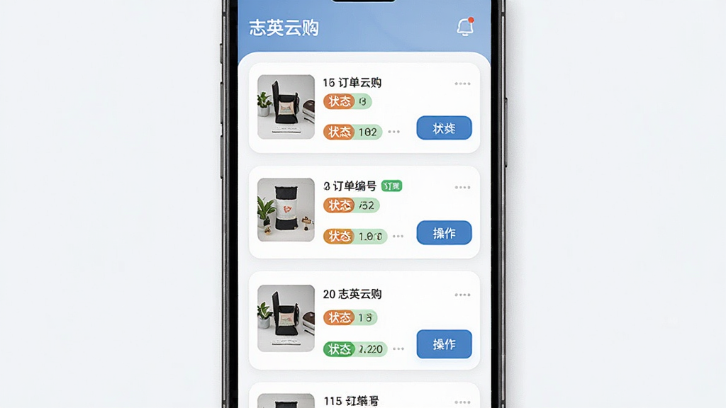 一幅展示志英云购订单管理界面的图片,主体为手机屏幕中的订单列表页面,布局为纵向排列的订单卡片,每张卡片包含商品缩略图、订单编号、状态标签与操作按钮,排版清晰,风格为现代商务简约风,细节包含状态颜色区分与圆角卡片,画质高清,画面干净,无多余元素,图片中文字为“志英云购”