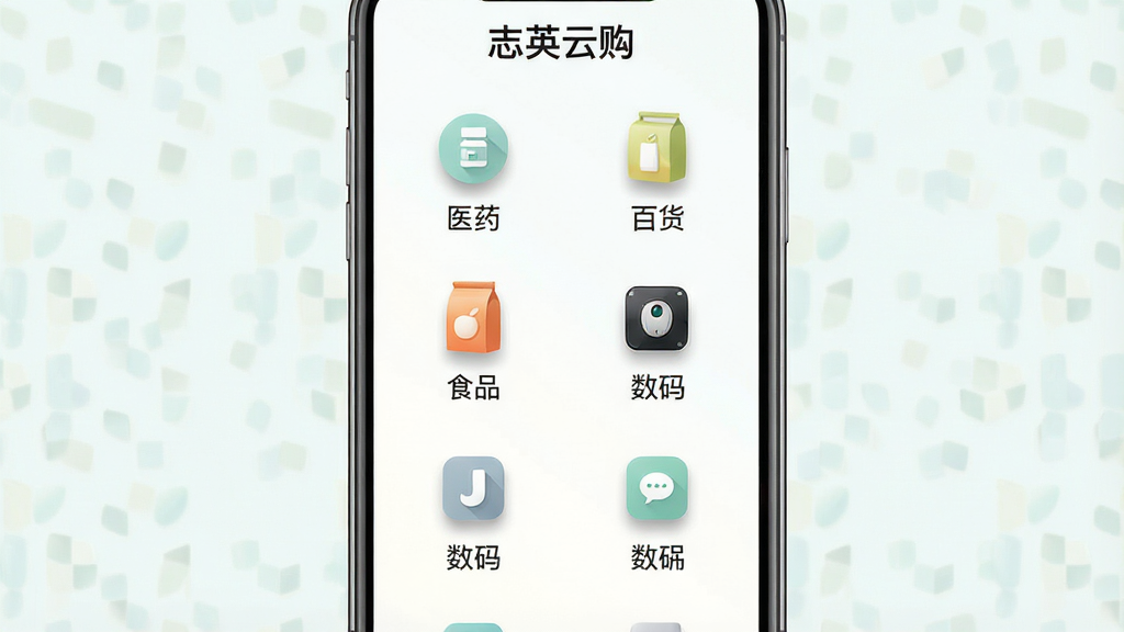 一幅展示志英云购商品分类页面的场景图,主体为手机屏幕中的分类网格,布局为四列图标排列,包含医药、百货、食品、数码等分类标签,排版整齐有序,风格为清新简约的浅色系,细节包含图标阴影与分类文字标注,画质高清,画面干净,无多余元素,图片中文字为“志英云购”