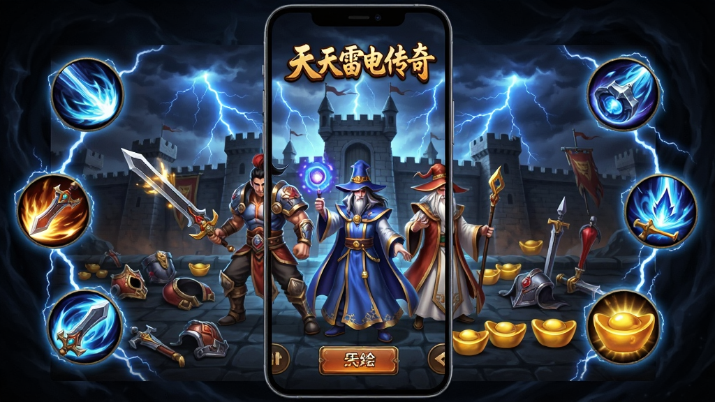 整体画面采用深色魔幻风格,画面中央是一款竖屏手机展示“天天雷电传奇”游戏主界面,界面中有战士、法师、道士三个角色站立,背景是雷电交加的沙巴克城墙,天空布满蓝色闪电,地面散落装备和元宝。布局上手机居中,周围环绕雷电特效与技能图标。排版清晰,风格为经典传奇类手游宣传图,细节包括角色盔甲纹理、闪电光晕、UI按钮。画质高清,干净,无多余元素。