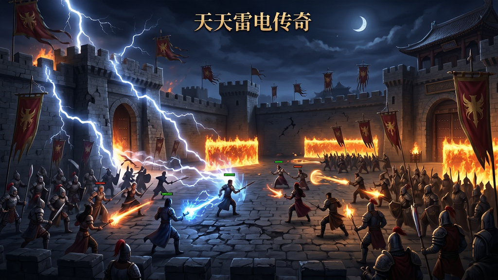 画面表现“天天雷电传奇”沙巴克攻城战夜景,城墙上下双方行会成员混战,满屏雷电术和火墙特效,皇宫门口旗帜飘扬。布局为宽幅全景,左侧攻方右侧守方。排版上技能特效充满画面但不遮挡角色轮廓。风格为魔幻战争史诗感,细节包括城墙破损、旗帜纹样、角色技能光效。画质高清,干净,无多余元素。