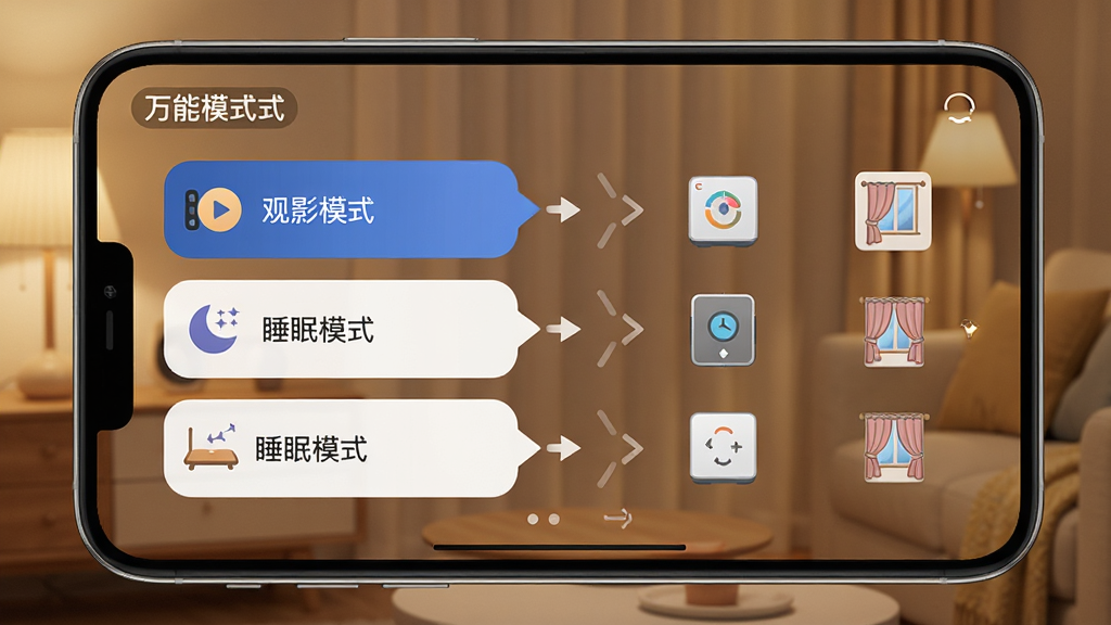 一张展示万能遥控器一键馆APP场景模式设置界面的图片,界面中有“观影模式”、“睡眠模式”等选项,旁边有设备图标和联动箭头,风格温馨家居感,细节包括灯光和窗帘图标,画质高清,干净,无多余元素。