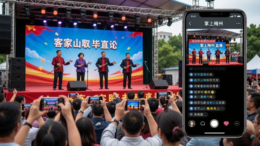 一幅AI生图,主体为一场热闹的户外活动现场,舞台上正在表演客家山歌,台下观众纷纷举起手机拍摄。画面一角用画中画形式展示手机屏幕上的“掌上梅州”直播界面,界面中有直播画面和弹幕评论。布局为全景加特写结合。排版上直播画面与现场画面形成呼应。风格为活力节庆风,细节上突出直播的互动性和现场的热烈气氛。画质高清,干净无多余元素。