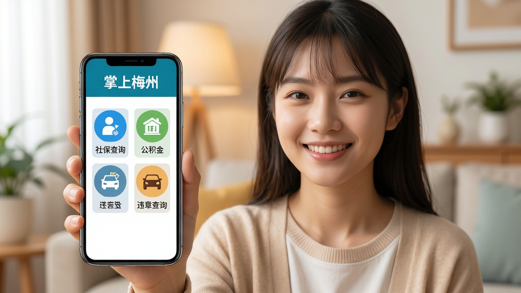 一幅AI生图,主体为一位年轻用户手持手机,手机屏幕显示“掌上梅州”的政务服务页面,页面上有“社保查询”“公积金”“违章查询”等图标按钮。用户面带满意的微笑,背景为温馨的家居环境。布局为人物半身居中,手机屏幕内容突出。排版上强调手机屏幕的交互界面。风格为清新生活风,细节上体现便捷与高效。画质高清,干净无多余元素。