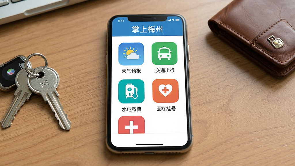一幅AI生图,主体为一部智能手机屏幕,屏幕上展示“掌上梅州”的便民服务页面,页面上排列着“天气预报”“交通出行”“水电缴费”“医疗挂号”等服务图标。手机放置在桌面上,旁边有钥匙和钱包。布局为手机居中,屏幕内容清晰可见。排版上突出服务图标的整齐排列。风格为实用工具风,细节上体现生活化场景。画质高清,干净无多余元素。