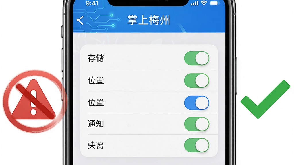 一幅AI生图,主体为一部智能手机屏幕特写,屏幕上显示“掌上梅州”的权限设置界面,界面中有存储、位置、通知等权限开关。手机旁边有一个红色的警示图标和一个绿色的对勾图标,分别代表禁止和允许。布局为手机居中,图标分列两侧。排版上突出权限设置的重要性。风格为科技安全风,细节上强调权限管理的清晰度。画质高清,干净无多余元素。