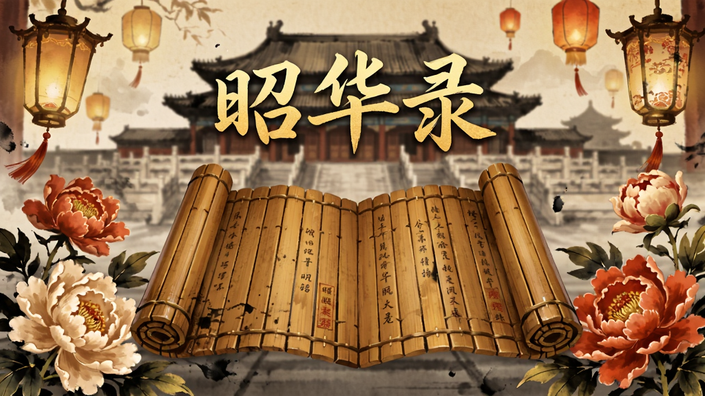 画面中央是一本展开的古代竹简书卷,书卷上方悬浮着“昭华录”三个金色书法字,书卷两侧环绕着盛开的牡丹与宫灯,背景是一座若隐若现的古代宫殿剪影,整体采用古风水墨风格,色调以暖金、朱红、墨黑为主,细节上竹简纹理清晰、花瓣层次分明,画质干净清晰、无多余元素,竖版构图,适合手机游戏下载页面展示