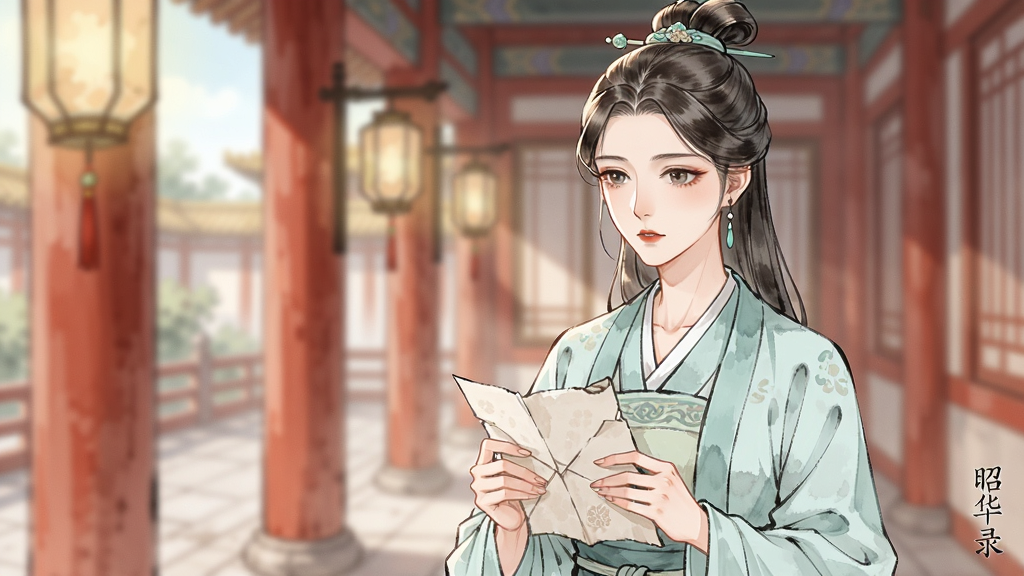 一位身着淡青色古装的女子站在宫廷长廊中,手中握着一封书信,身后是朱红廊柱与宫灯,画面采用古风插画风格,色调清雅柔和,人物神情专注,背景虚化处理,画质干净清晰、无多余元素,横版构图,画面中带有“昭华录”小字水印