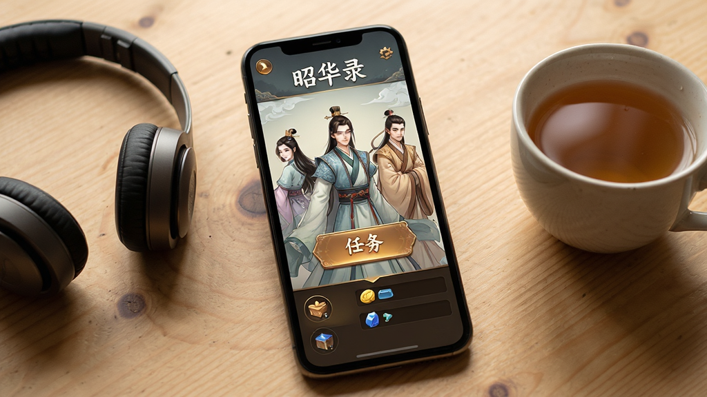 一部智能手机屏幕显示“昭华录”游戏主界面,界面中有古风人物立绘、任务按钮与资源栏,手机旁边放着耳机与一杯茶,背景是木质桌面,整体采用清新写实风格,色调温暖,画质干净清晰、无多余元素,适合作为教程配图