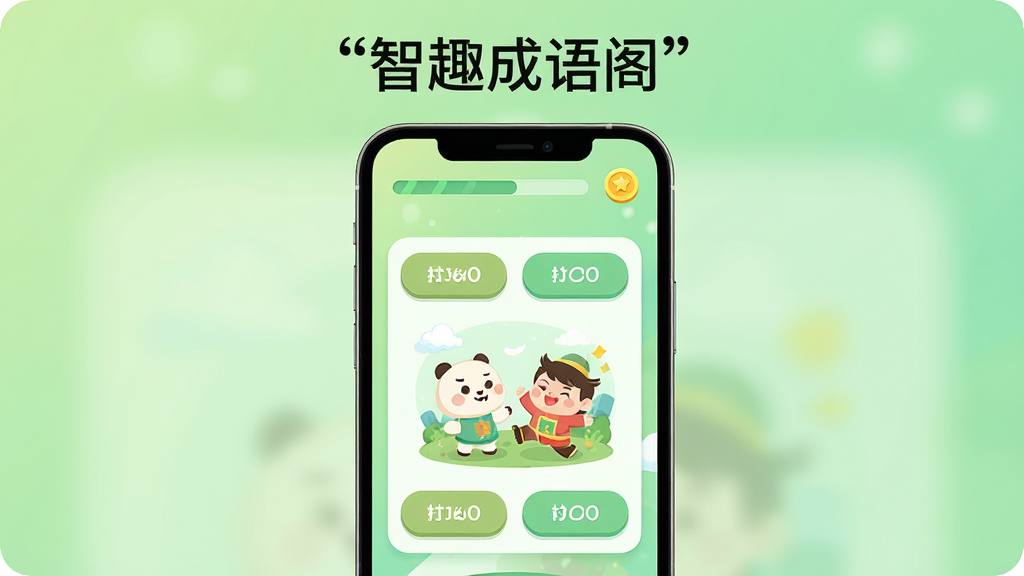 主体是一个竖屏手机展示界面,布局为中央放置手机,手机屏幕内显示智趣成语阁的成语闯关答题画面,包含四个选项按钮和一张趣味插画,排版简洁居中,风格为清新明快的扁平化UI设计,细节包括柔和的绿色渐变背景、圆润的卡片式按钮、顶部有进度条和金币图标,画质高清干净无多余元素,图片上方用引号标注文字“智趣成语阁”
