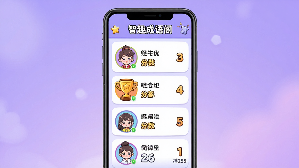 主体是一个手机屏幕展示排行榜界面,布局为中央手机竖向放置,屏幕内显示好友排行榜列表,前三名有金银铜奖杯图标,排版清晰,风格为活泼的卡通风格,细节包括头像、昵称、分数和排名数字,顶部有“智趣成语阁”标题栏,背景为柔和的紫色渐变,画质高清干净无多余元素