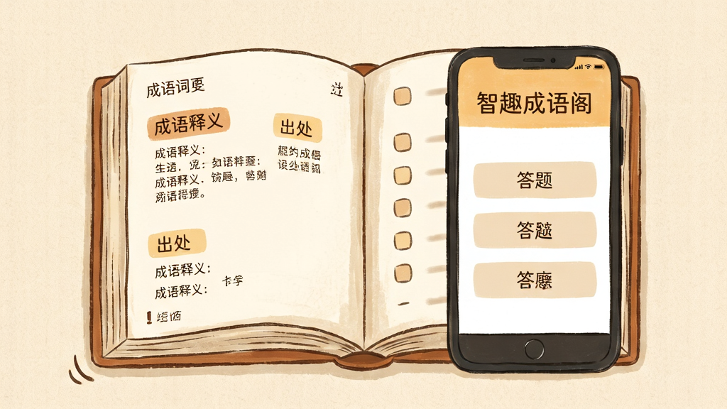 主体是一个打开的书本与手机屏幕结合的创意构图,布局为左侧展示成语词典书页,右侧展示手机答题界面,排版左右对称,风格为温暖的手绘插画风,细节包括书页上写有“成语释义”“出处”等小标签,手机屏幕上有“智趣成语阁”字样和答题选项,背景为浅米色纹理,画质清晰干净无多余元素