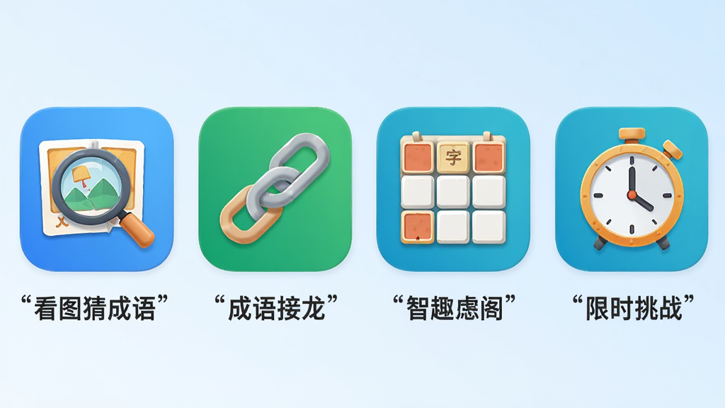 主体是四个并排的游戏模式图标展示,布局为横向排列四个圆角方形图标,排版整齐均匀,风格为现代扁平化图标设计,细节包括第一个图标是放大镜与图画组合代表看图猜成语、第二个是链条代表成语接龙、第三个是方格代表填字、第四个是时钟代表限时挑战,每个图标下方用引号标注对应模式名称,背景为淡蓝色渐变,画质高清干净无多余元素“智趣成语阁”