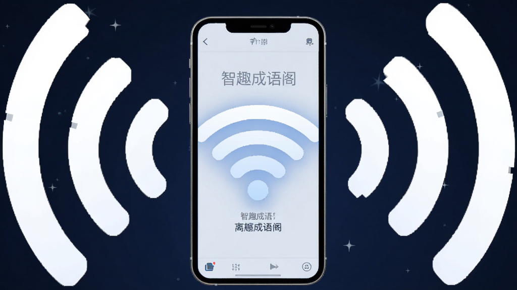 主体是一个手机与WiFi信号图标组合的创意画面,布局为手机居中、周围环绕断开的网络信号符号,排版简洁,风格为简约科技风,细节包括手机屏幕显示“智趣成语阁”离线模式界面、背景为深蓝色带微弱星光点缀,画质清晰干净无多余元素