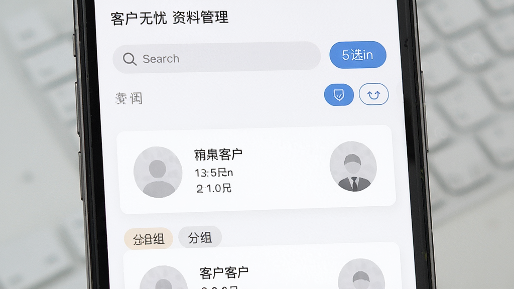客户无忧客户资料管理界面,画面为手机屏幕特写,屏幕上展示客户信息卡片与分组标签,布局为纵向列表排版,风格为清爽商务风,细节包括搜索框、筛选按钮、客户头像占位图,画质清晰,干净,无多余元素