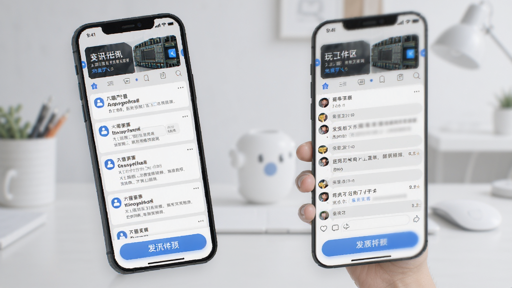 玩工控软件社区交流界面展示图,手机屏幕显示帖子列表和评论互动区域,顶部有资讯轮播图,底部有发帖按钮,界面配色以浅灰和蓝色点缀,布局错落有致,风格清新现代,画质干净,无多余元素