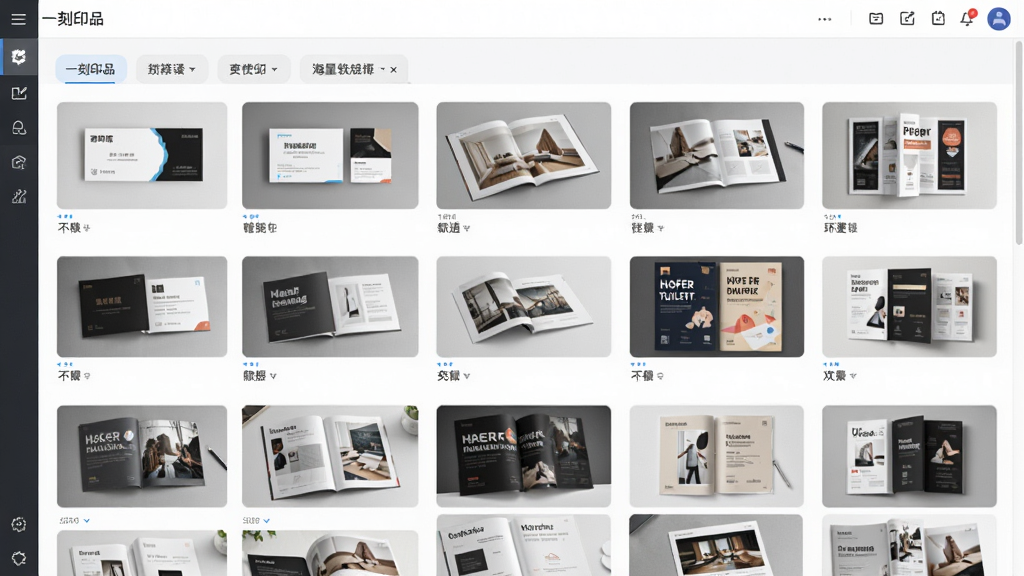 一刻印品专业设计软件中展示海量模板库的界面截图,主体为软件模板选择页面,布局为网格状排列的模板缩略图,排版分为多个分类标签,风格为清爽的现代UI设计,细节包括名片模板、画册模板、海报模板的预览图,画质高清,干净,无多余元素