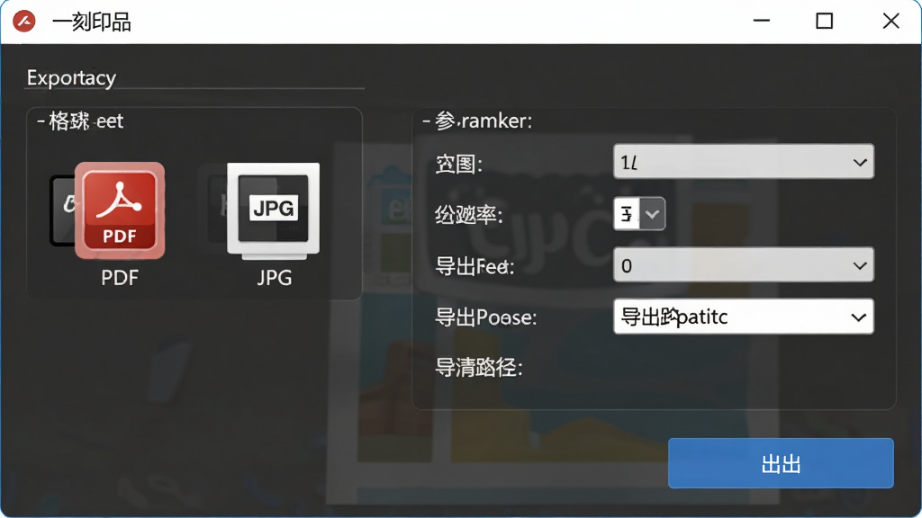 一刻印品专业设计软件的导出设置界面,主体为软件导出面板,布局为格式选择区域、参数设置区域、导出按钮,排版简洁明了,风格为现代工具软件风格,细节包括PDF图标、JPG图标、分辨率选项、导出路径选择,画质高清,干净,无多余元素
