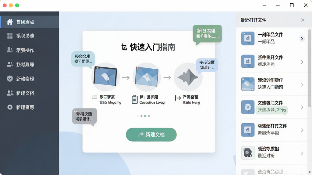一刻印品专业设计软件的新手操作引导界面,主体为软件启动后的欢迎页面,布局为中央显示快速入门指南、左侧功能导航、右侧最近打开文件列表,排版简洁友好,风格为现代扁平化设计,细节包括操作步骤图示、提示气泡、新建文档按钮,画质高清,干净,无多余元素