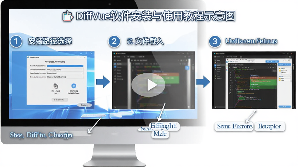 DiffVue软件安装与使用教程示意图,主体为电脑屏幕上展示软件安装向导和使用界面,布局为分步骤截图排列,包含安装路径选择、文件载入、差异高亮显示三个画面,排版整齐有序,风格为清晰的教学图示风格,细节包括箭头指引、步骤编号和操作标注,画质高清干净无多余元素