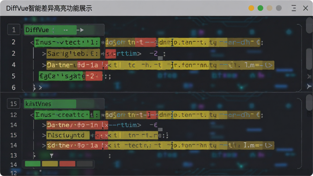 DiffVue智能差异高亮功能展示,主体为软件界面中两段文本的对比结果,布局为上下或左右对照排列,用绿色标注新增内容、红色标注删除内容、黄色标注修改内容,排版清晰有条理,风格为科技感扁平化设计,细节包括行号、色块图例和高亮标记,画质高清干净无多余元素